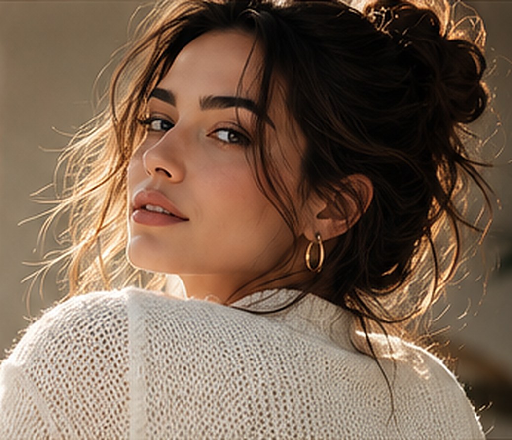 Woman in a cream knit sweater in warm sunlight