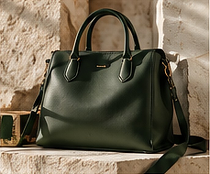 Green leather tote on stone
